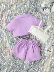 3pcs Girls Lapel Crop Blouse, Cami & Shorts Set - Wisteria | 21 Cen...