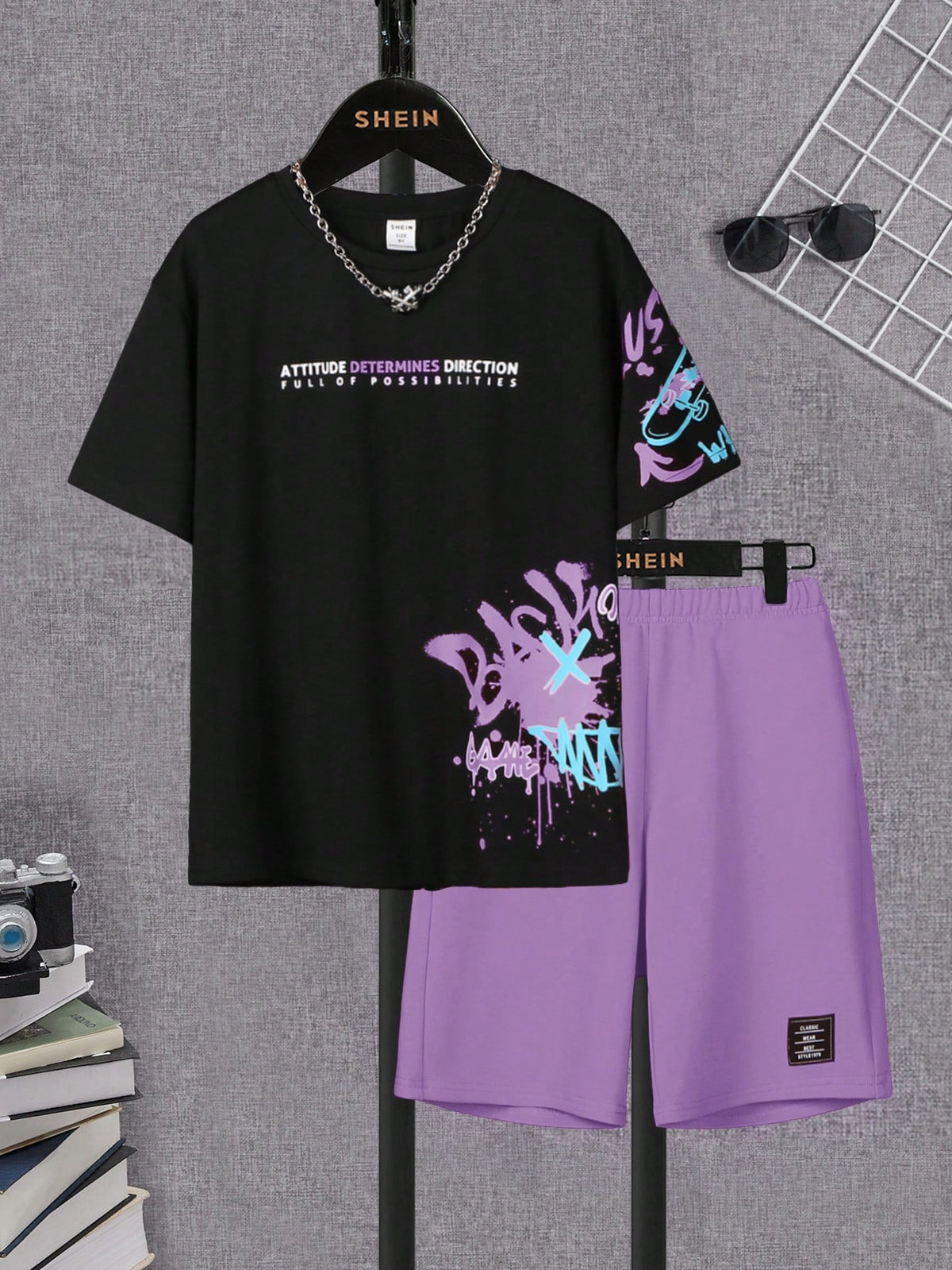 2pcs Boys Slogan Sports Tee & Shorts Set - Lilac