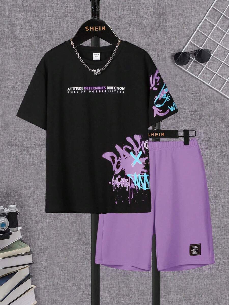 2pcs Boys Slogan Sports Tee & Shorts Set - Lilac