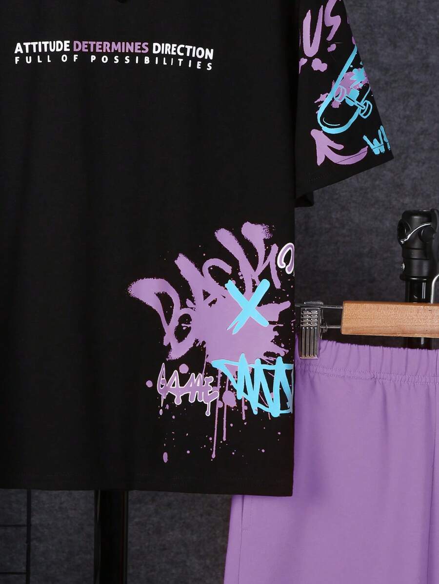 2pcs Boys Slogan Sports Tee & Shorts Set - Lilac