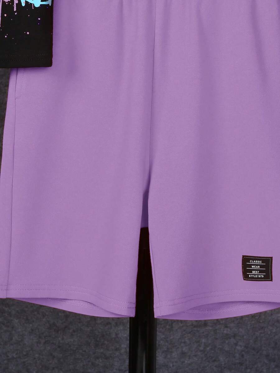 2pcs Boys Slogan Sports Tee & Shorts Set - Lilac