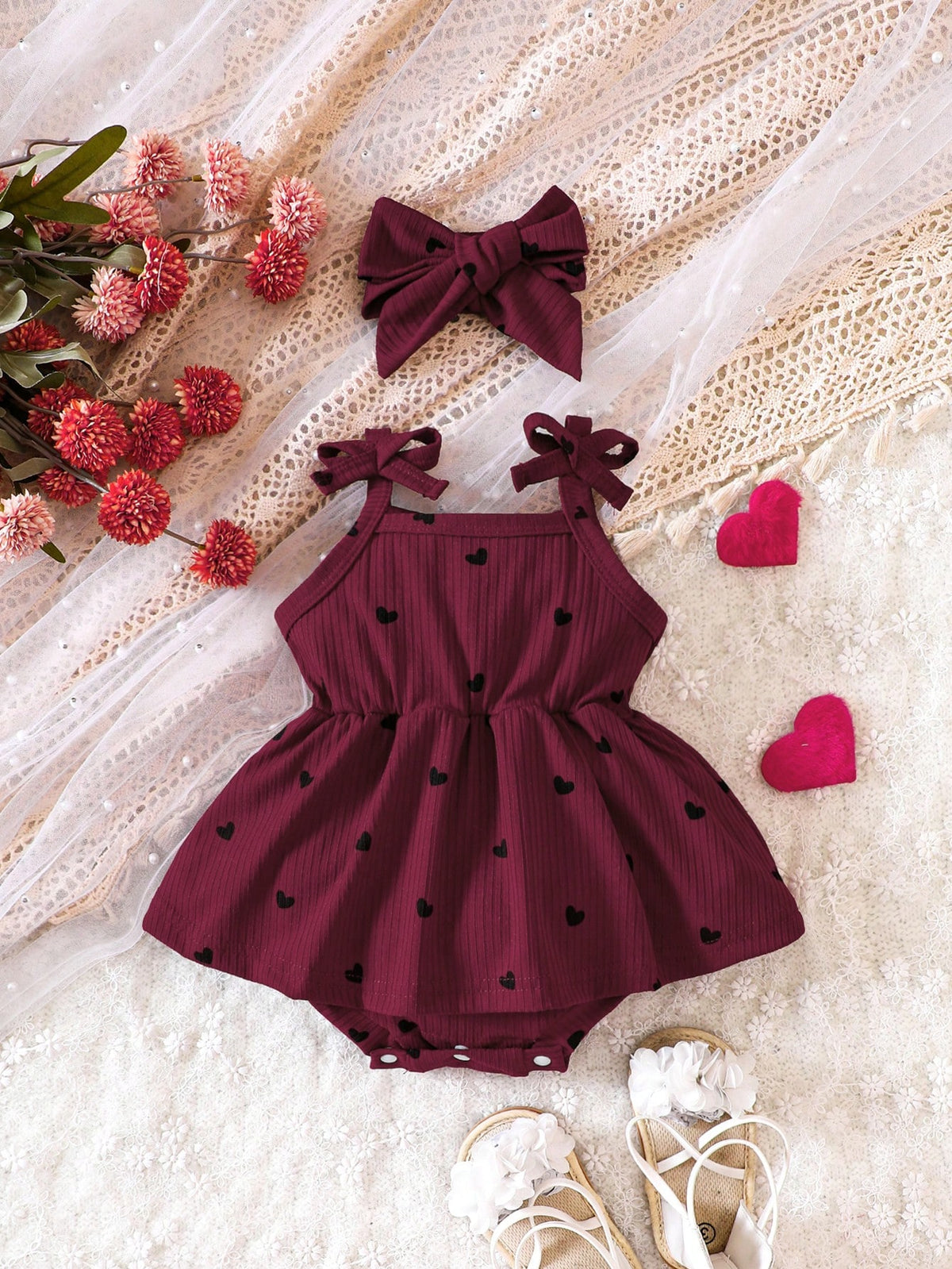 2pcs Baby Girls Heart Print Bow-Tie Romper & Headband - Claret | 21...