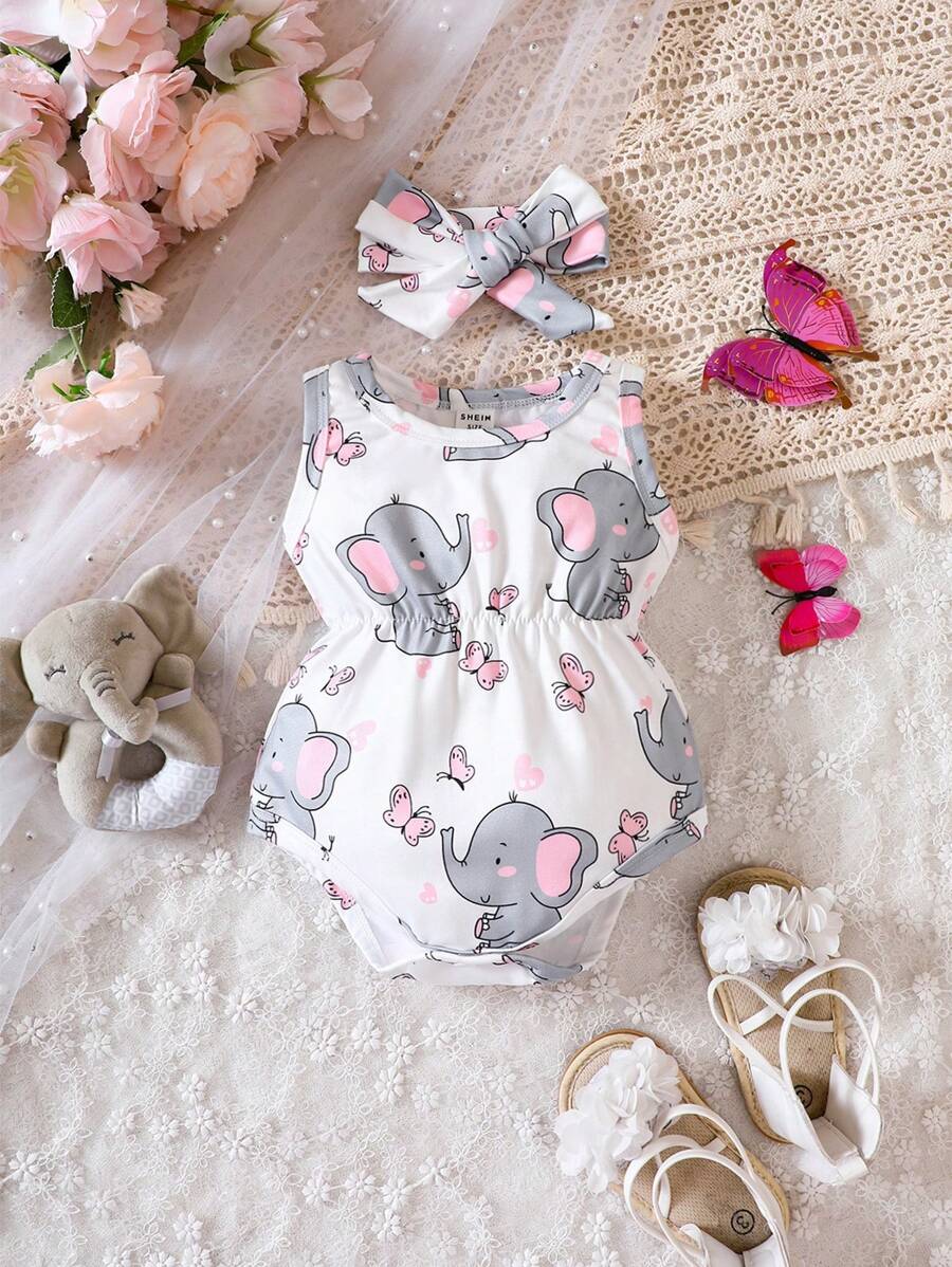 2pcs Girls Elephant Print Romper & Bow Headband Set - Ivory | 21 Ce...