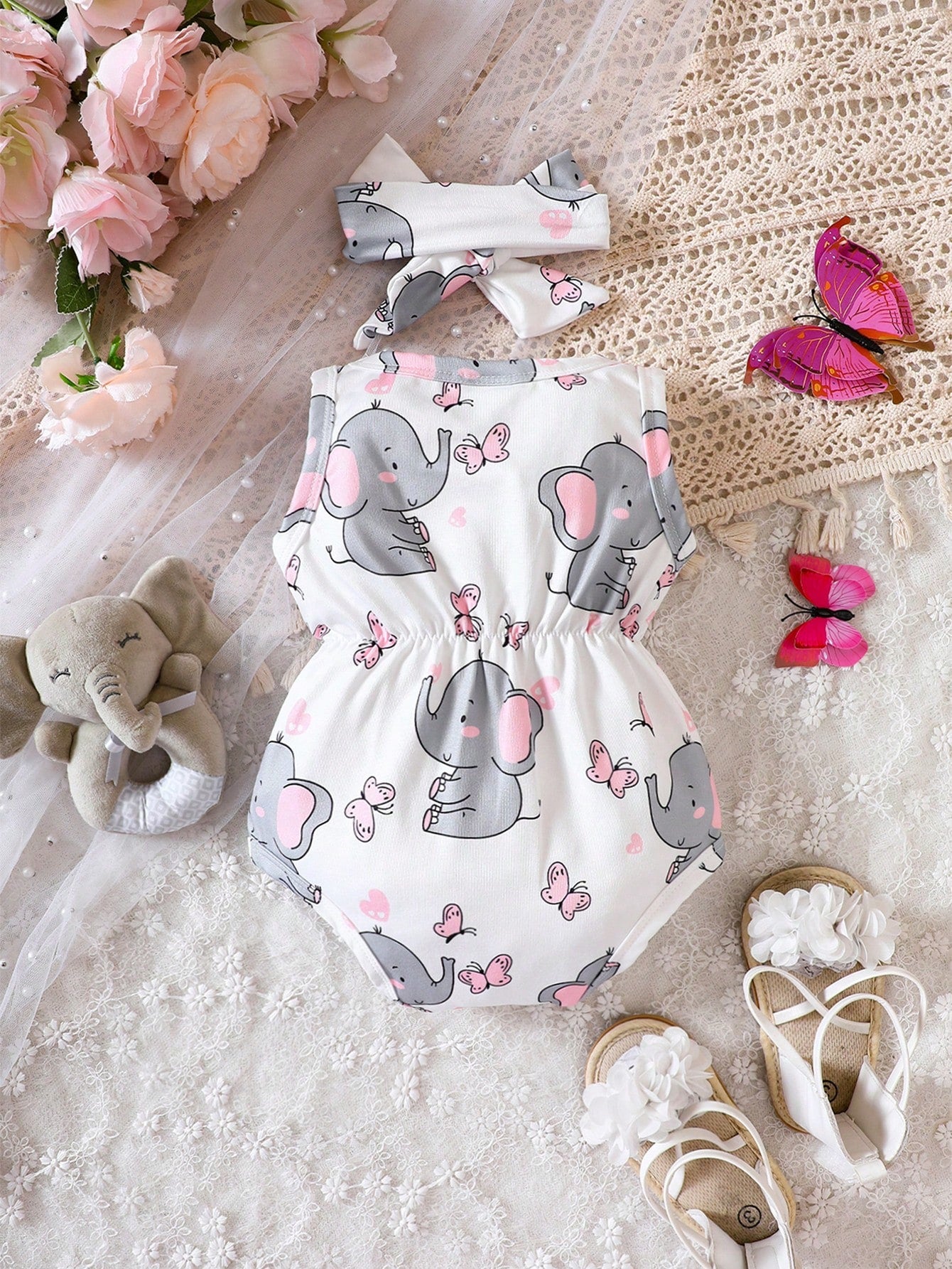 2pcs Girls Elephant Print Romper & Bow Headband Set - Ivory | 21 Ce...