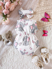 2pcs Girls Elephant Print Romper & Bow Headband Set - Ivory | 21 Ce...