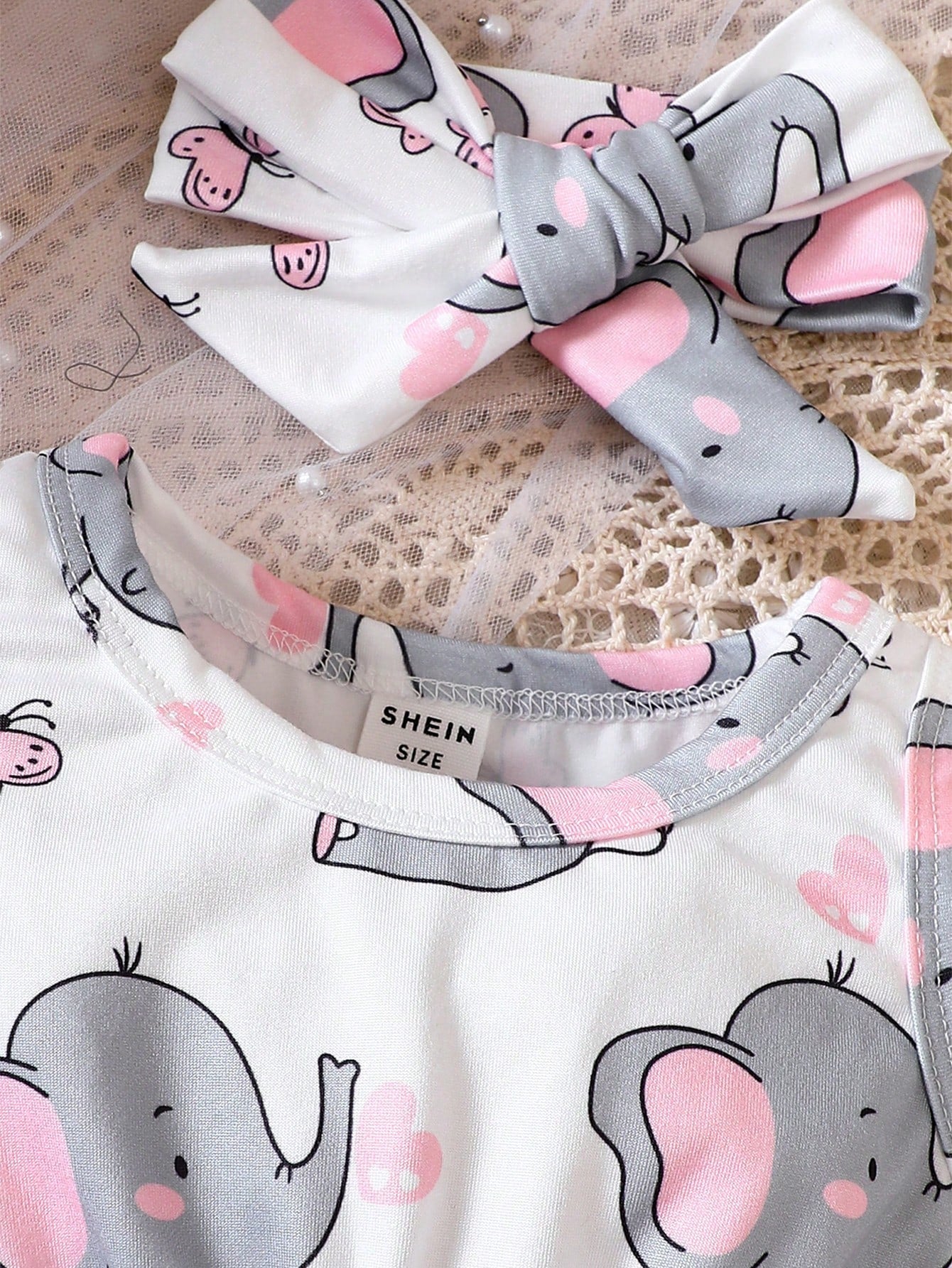 2pcs Girls Elephant Print Romper & Bow Headband Set - Ivory | 21 Ce...