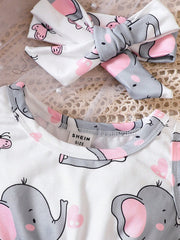 2pcs Girls Elephant Print Romper & Bow Headband Set - Ivory | 21 Ce...