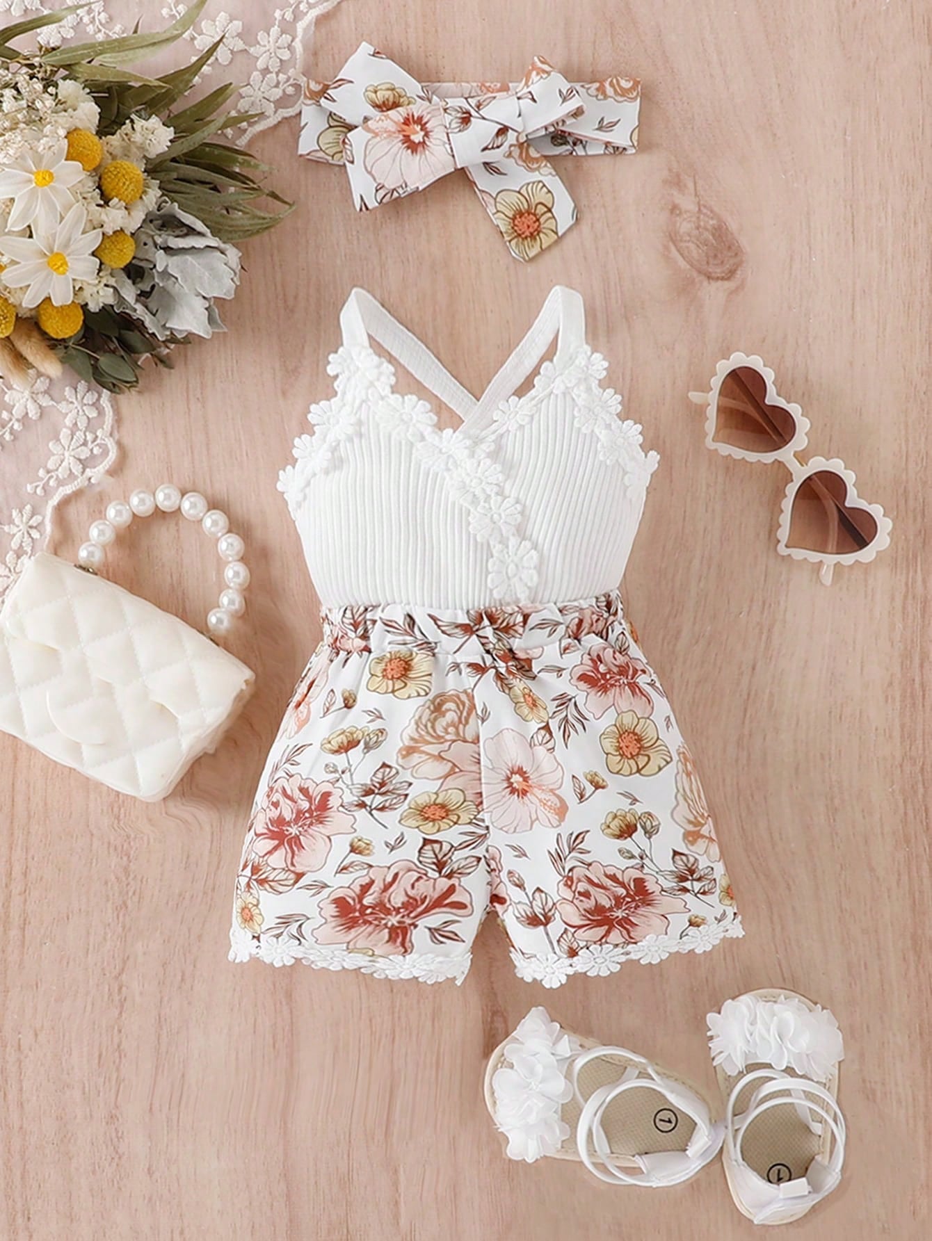Baby Girls Floral Appliqué Crisscross Cami Romper - Ivory