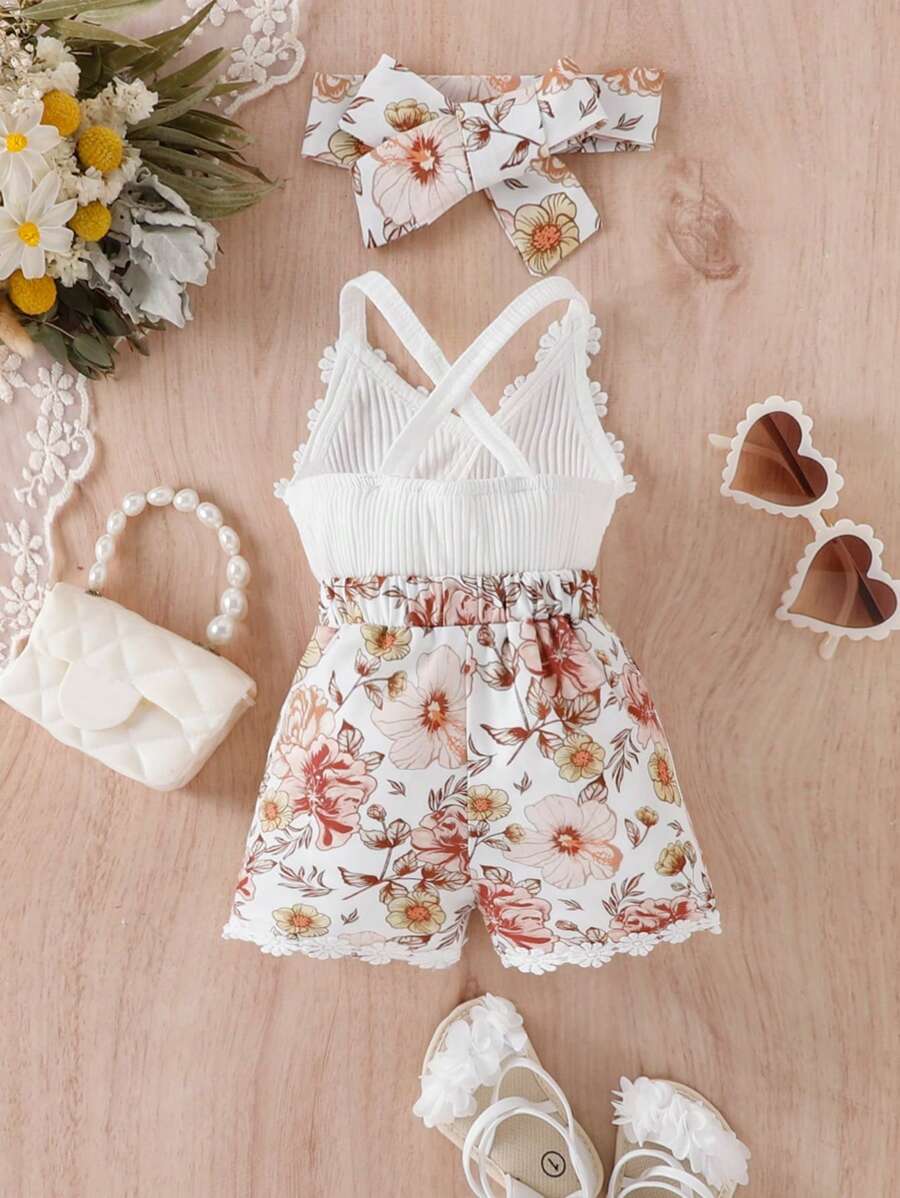 Baby Girls Floral Appliqué Crisscross Cami Romper - Ivory
