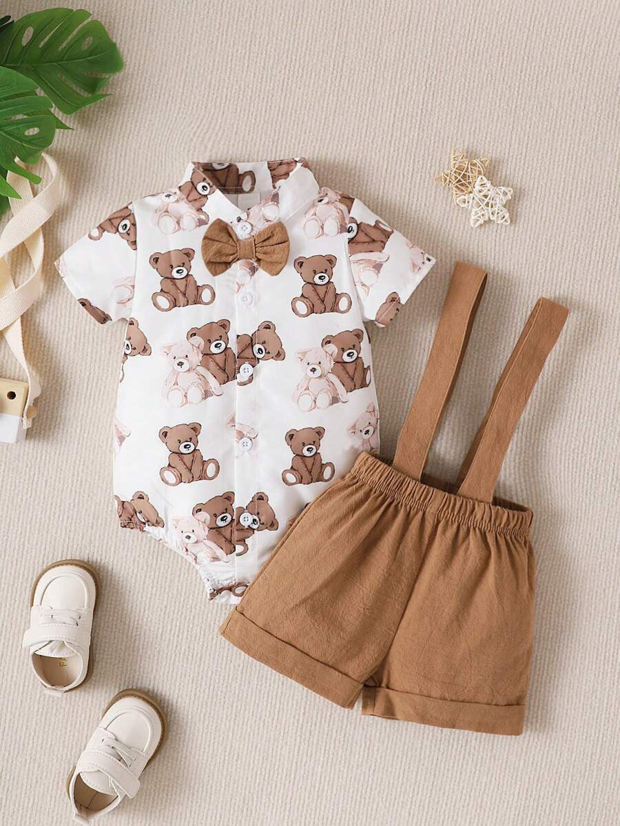 Baby Boys Teddy Bear Print Shirt Romper & Bib Shorts - Ivory