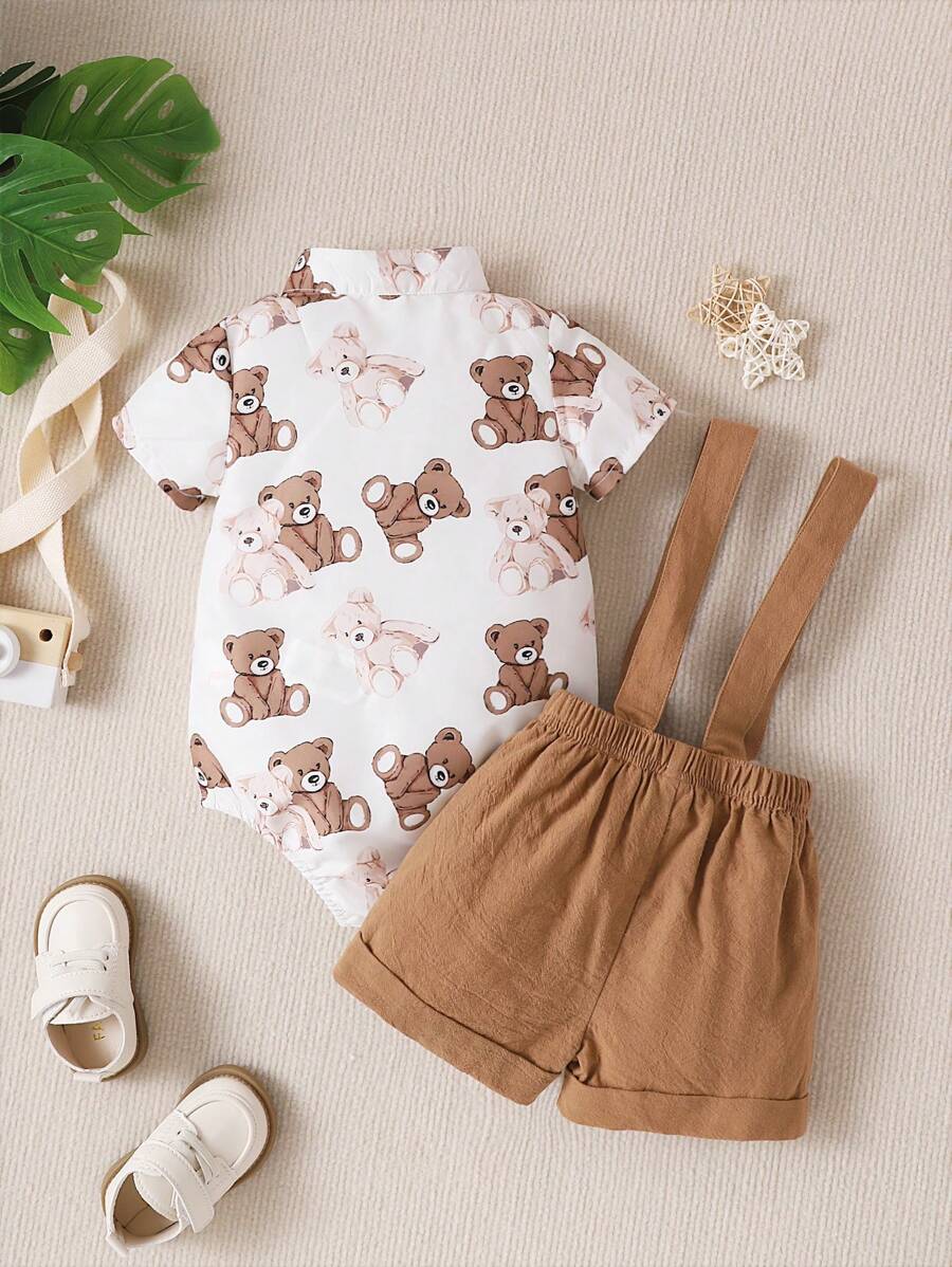 Baby Boys Teddy Bear Print Shirt Romper & Bib Shorts - Ivory