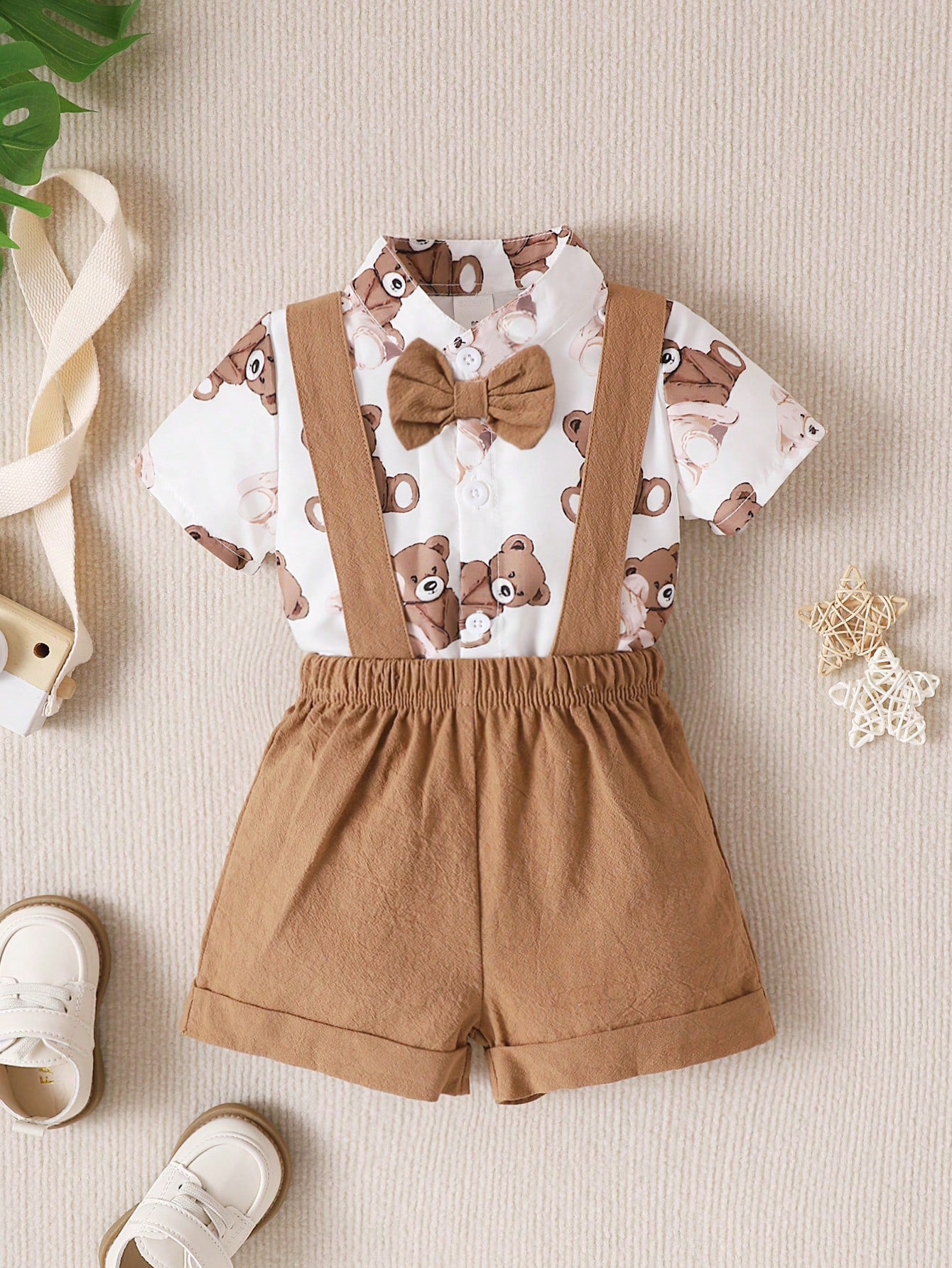 Baby Boys Teddy Bear Print Shirt Romper & Bib Shorts - Ivory