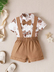 Baby Boys Teddy Bear Print Shirt Romper & Bib Shorts - Ivory