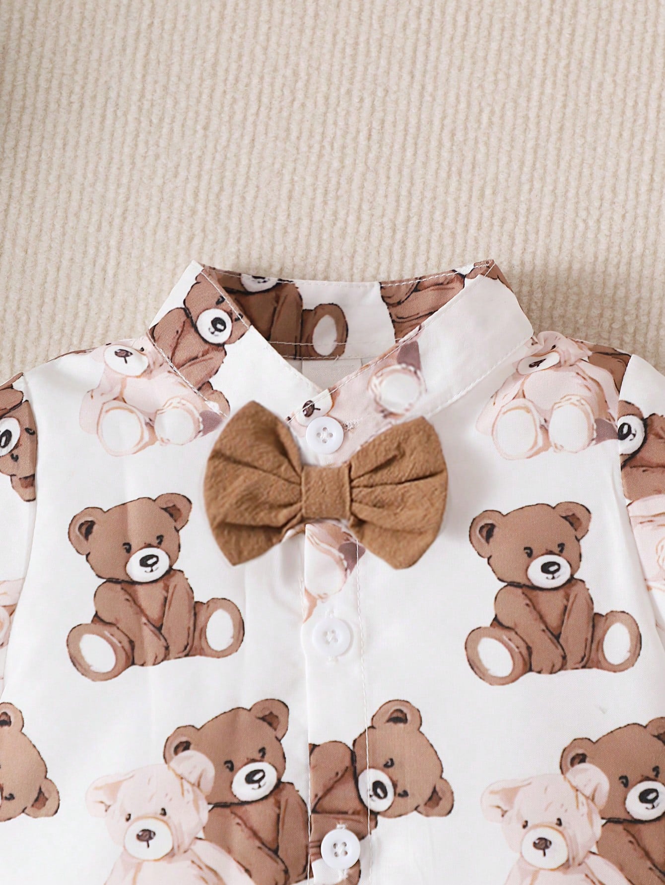 Baby Boys Teddy Bear Print Shirt Romper & Bib Shorts - Ivory