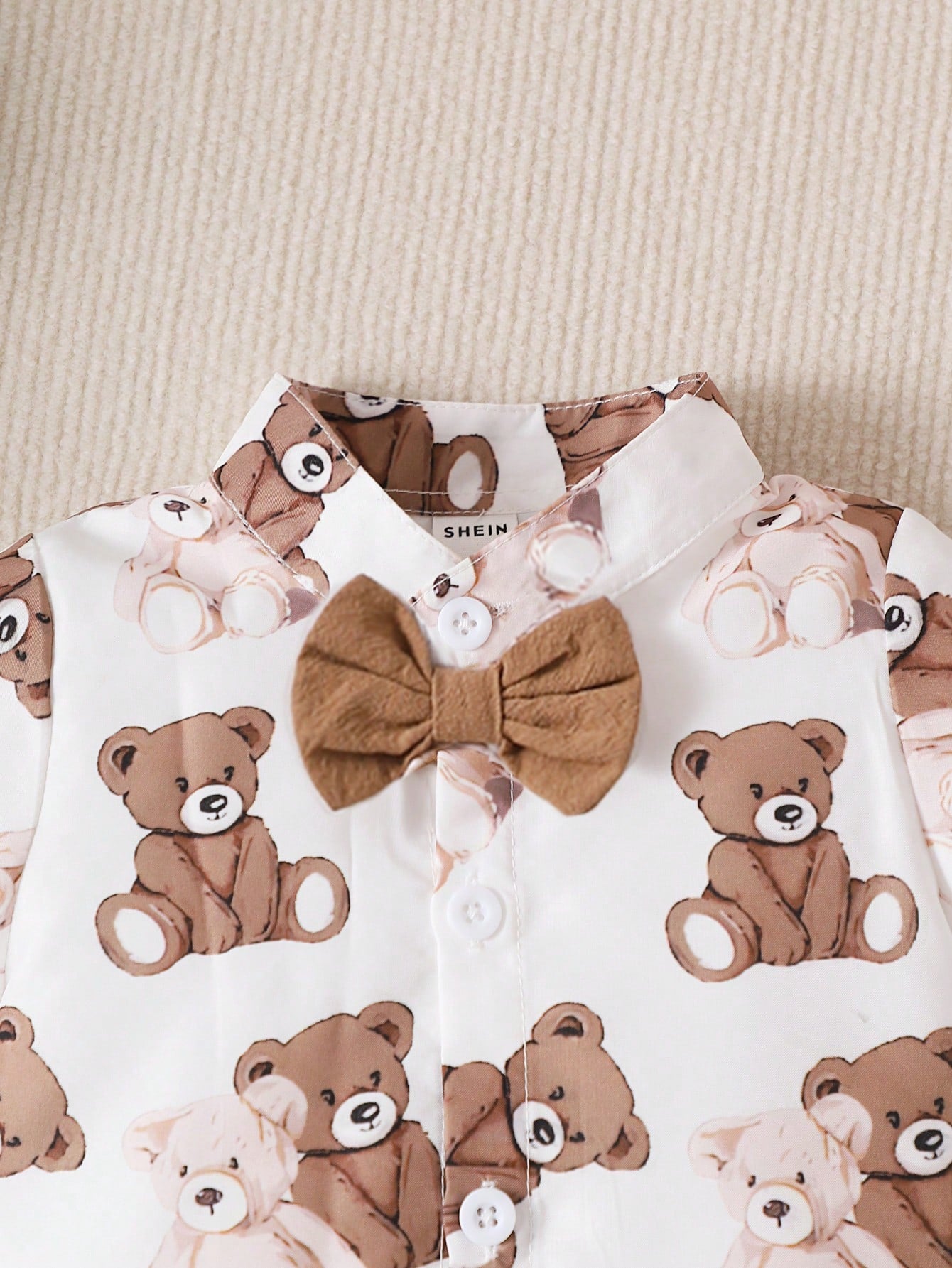 Baby Boys Teddy Bear Print Shirt Romper & Bib Shorts - Ivory