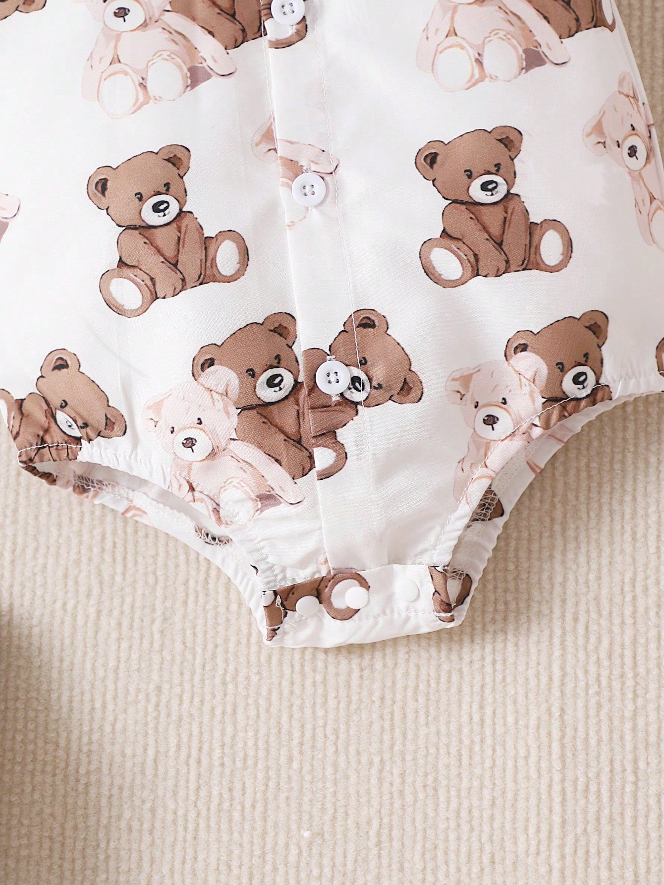 Baby Boys Teddy Bear Print Shirt Romper & Bib Shorts - Ivory