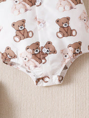 Baby Boys Teddy Bear Print Shirt Romper & Bib Shorts - Ivory
