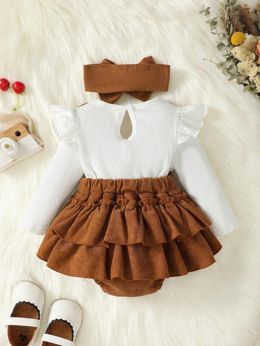 Baby Girls Ruffle Sleeve Corduroy Suspender Bodysuit Set - Amber