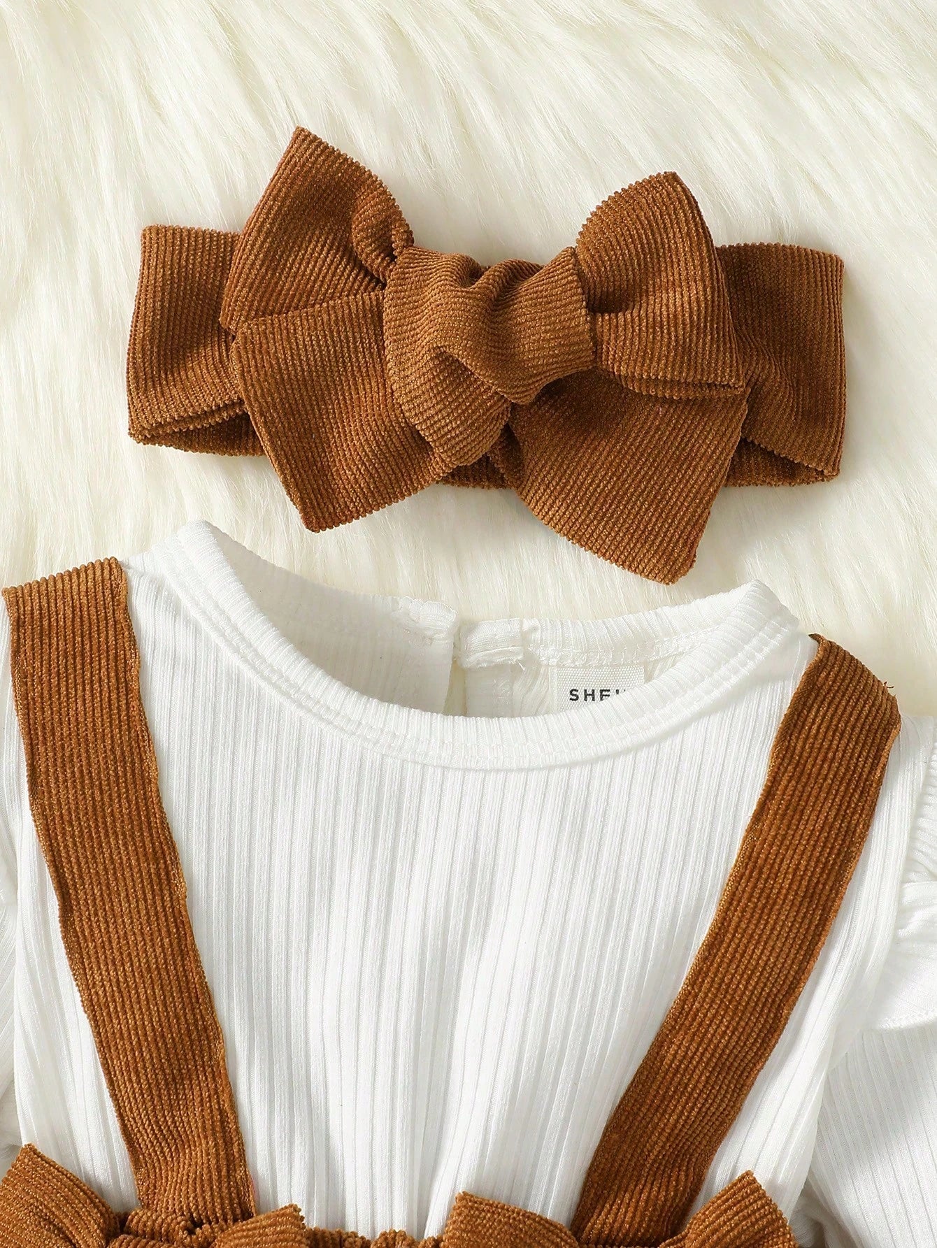Baby Girls Ruffle Sleeve Corduroy Suspender Bodysuit Set - Amber