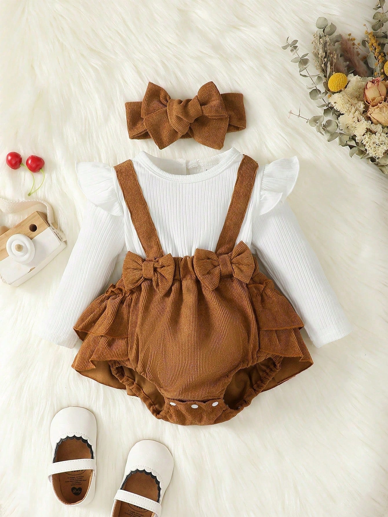 Baby Girls Ruffle Sleeve Corduroy Suspender Bodysuit Set - Amber