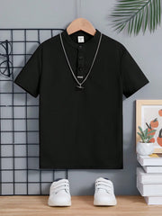 Boys Piqué Henley Stand Collar Polo Shirt - Onyx | 21 Century Kids