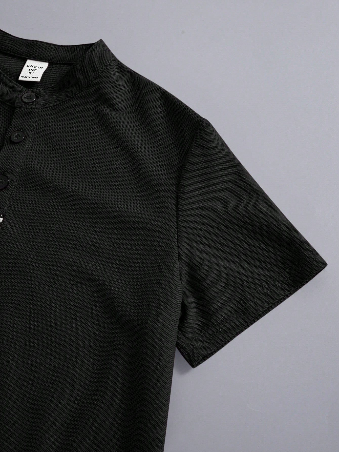 Boys Piqué Henley Stand Collar Polo Shirt - Onyx | 21 Century Kids