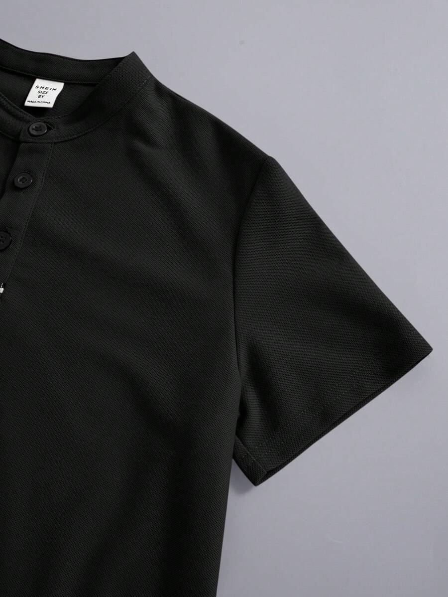 Boys Piqué Henley Stand Collar Polo Shirt - Onyx | 21 Century Kids