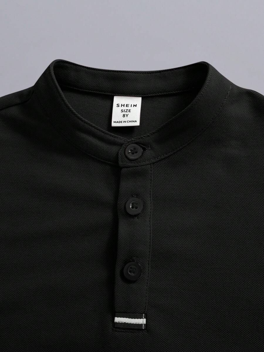 Boys Piqué Henley Stand Collar Polo Shirt - Onyx | 21 Century Kids