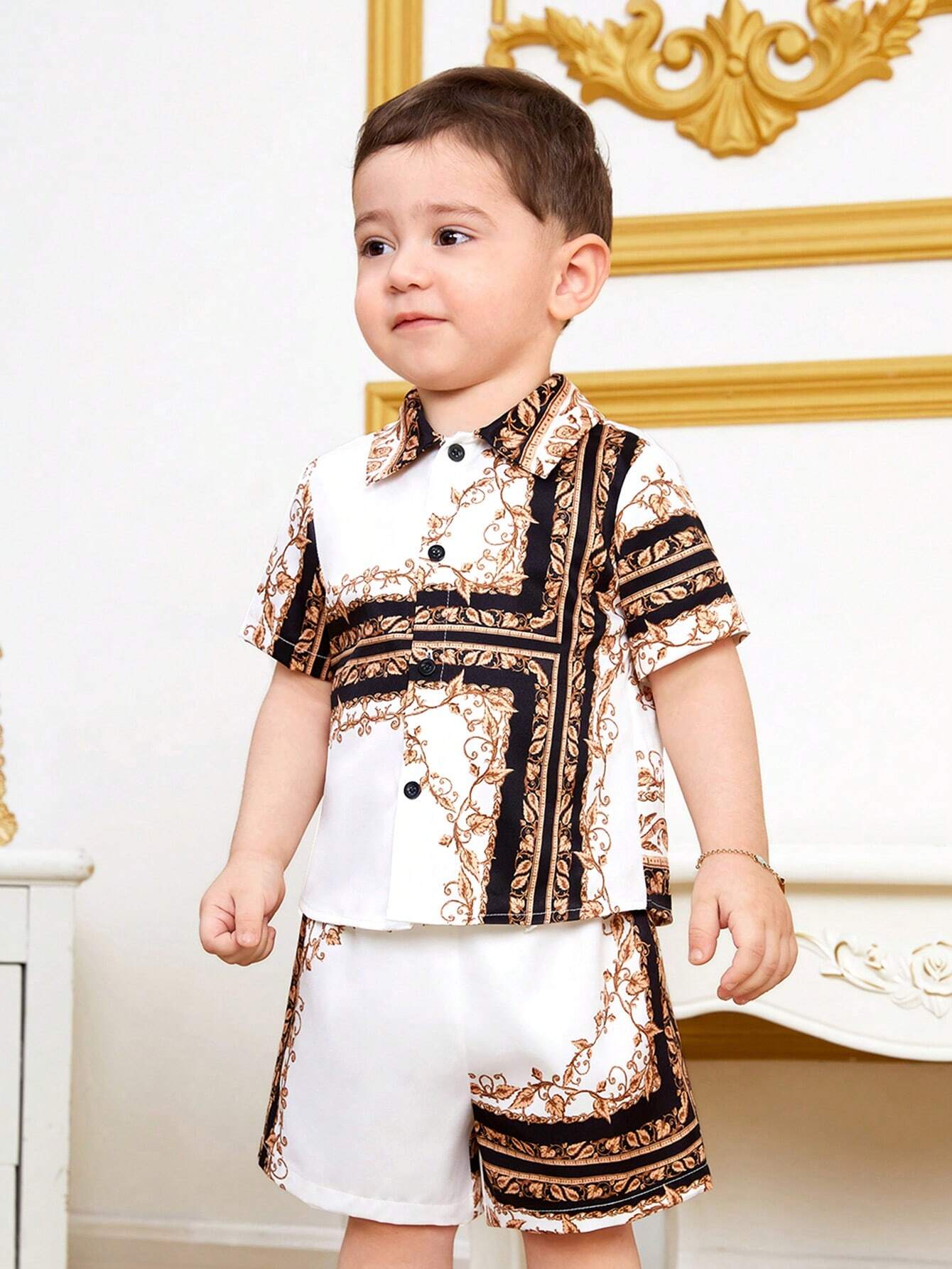 Boys Baroque Chain Print Resort Shirt & Shorts Set - Ivory
