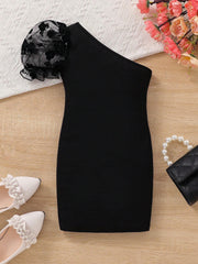 Girls One-Shoulder Floral Mesh Puff Sleeve Mini Dress - Onyx