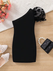 Girls One-Shoulder Floral Mesh Puff Sleeve Mini Dress - Onyx