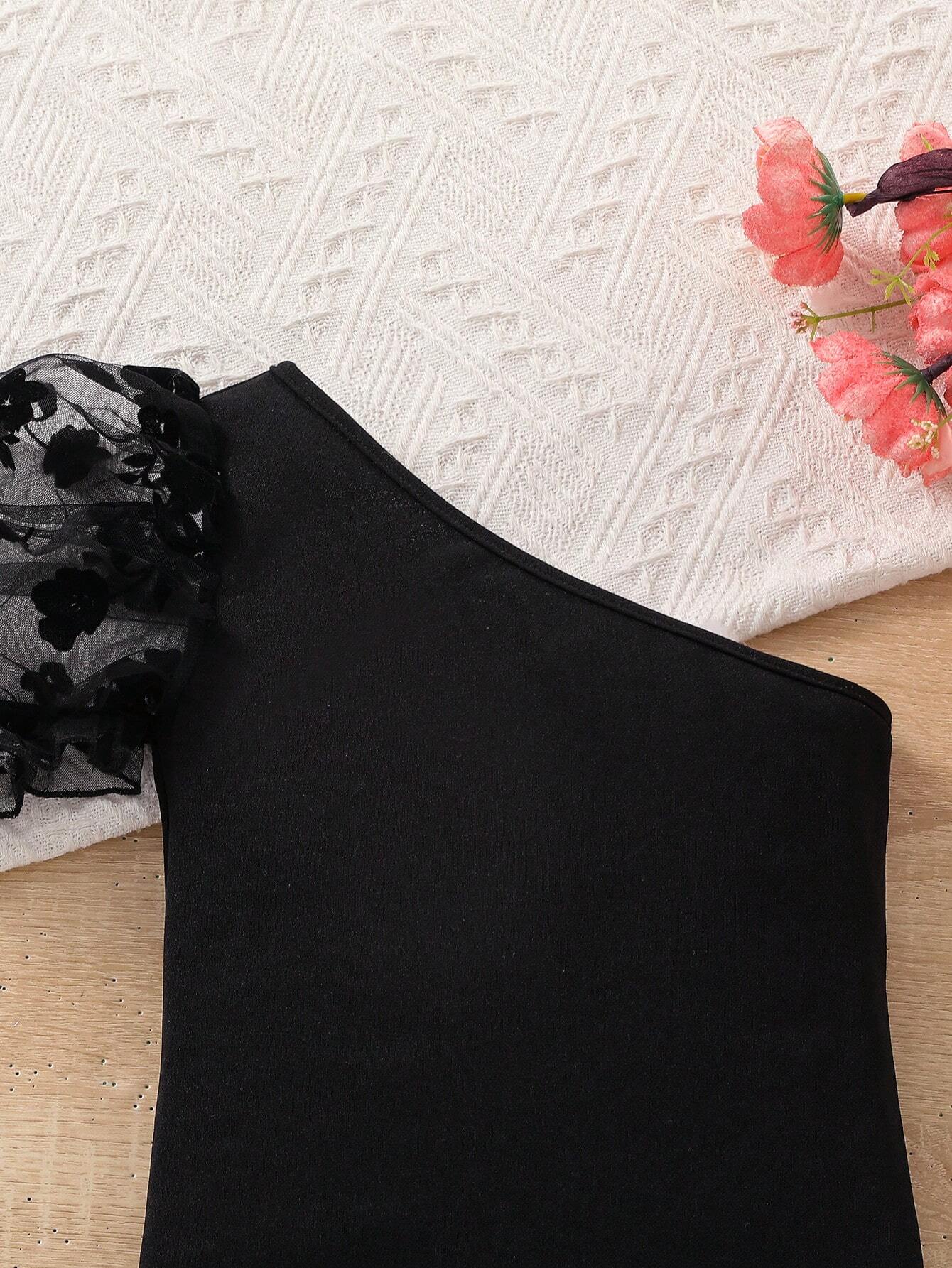 Girls One-Shoulder Floral Mesh Puff Sleeve Mini Dress - Onyx