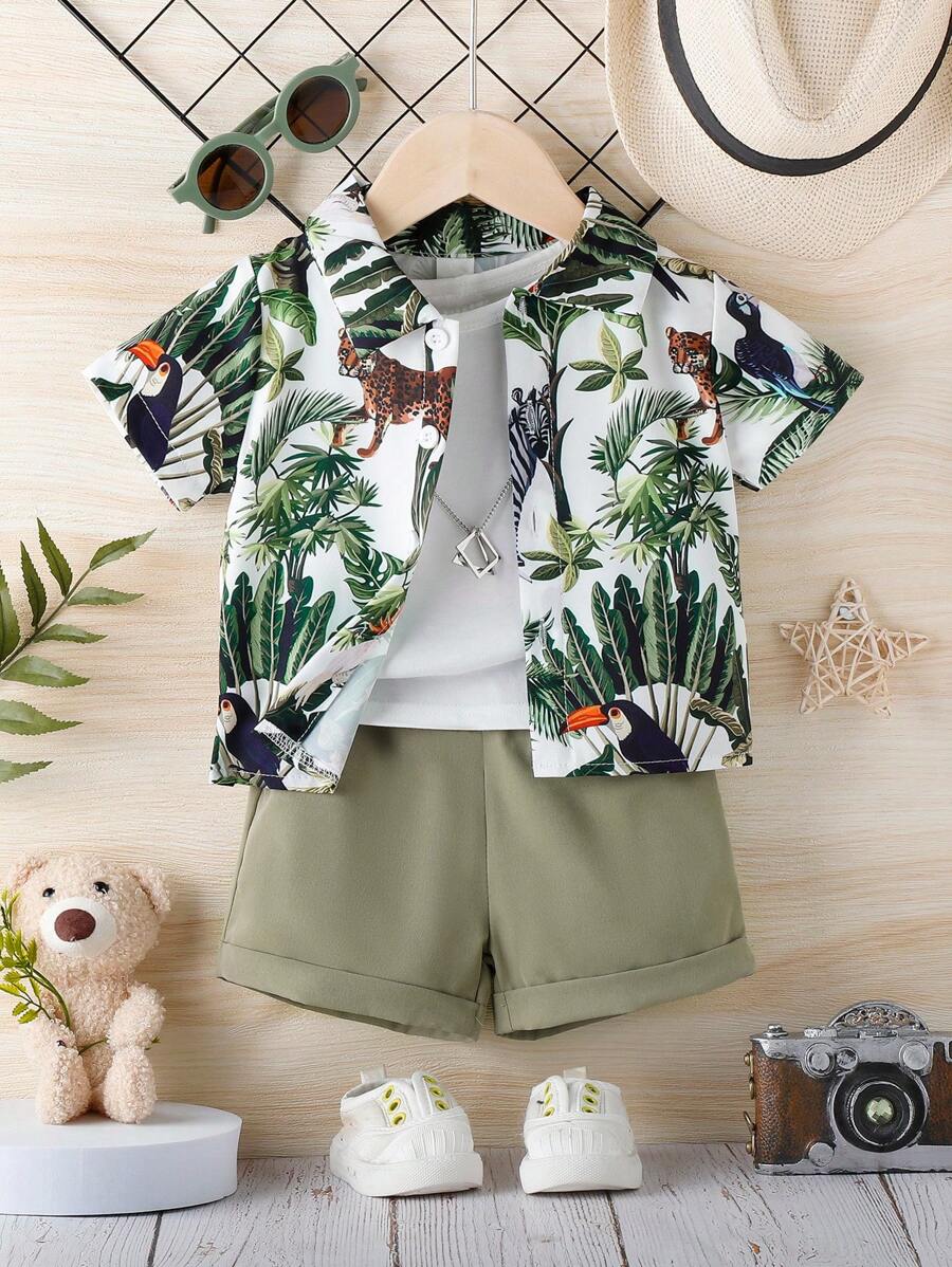 2pcs Boys Tropical Animal Print Shirt & Shorts Set - Ivory | 21 Cen...