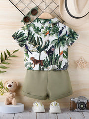2pcs Boys Tropical Animal Print Shirt & Shorts Set - Ivory | 21 Cen...