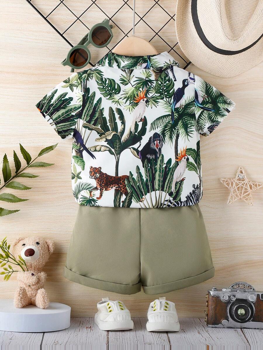 2pcs Boys Tropical Animal Print Shirt & Shorts Set - Ivory | 21 Cen...