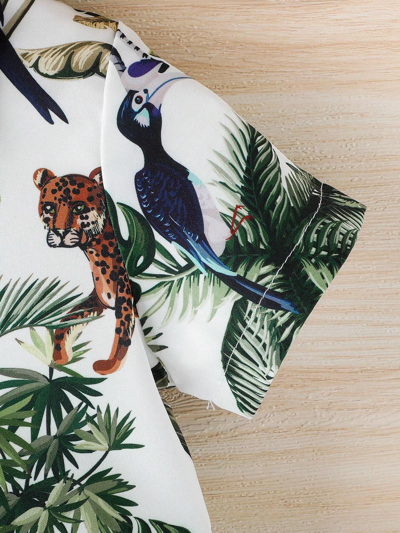 2pcs Boys Tropical Animal Print Shirt & Shorts Set - Ivory | 21 Cen...