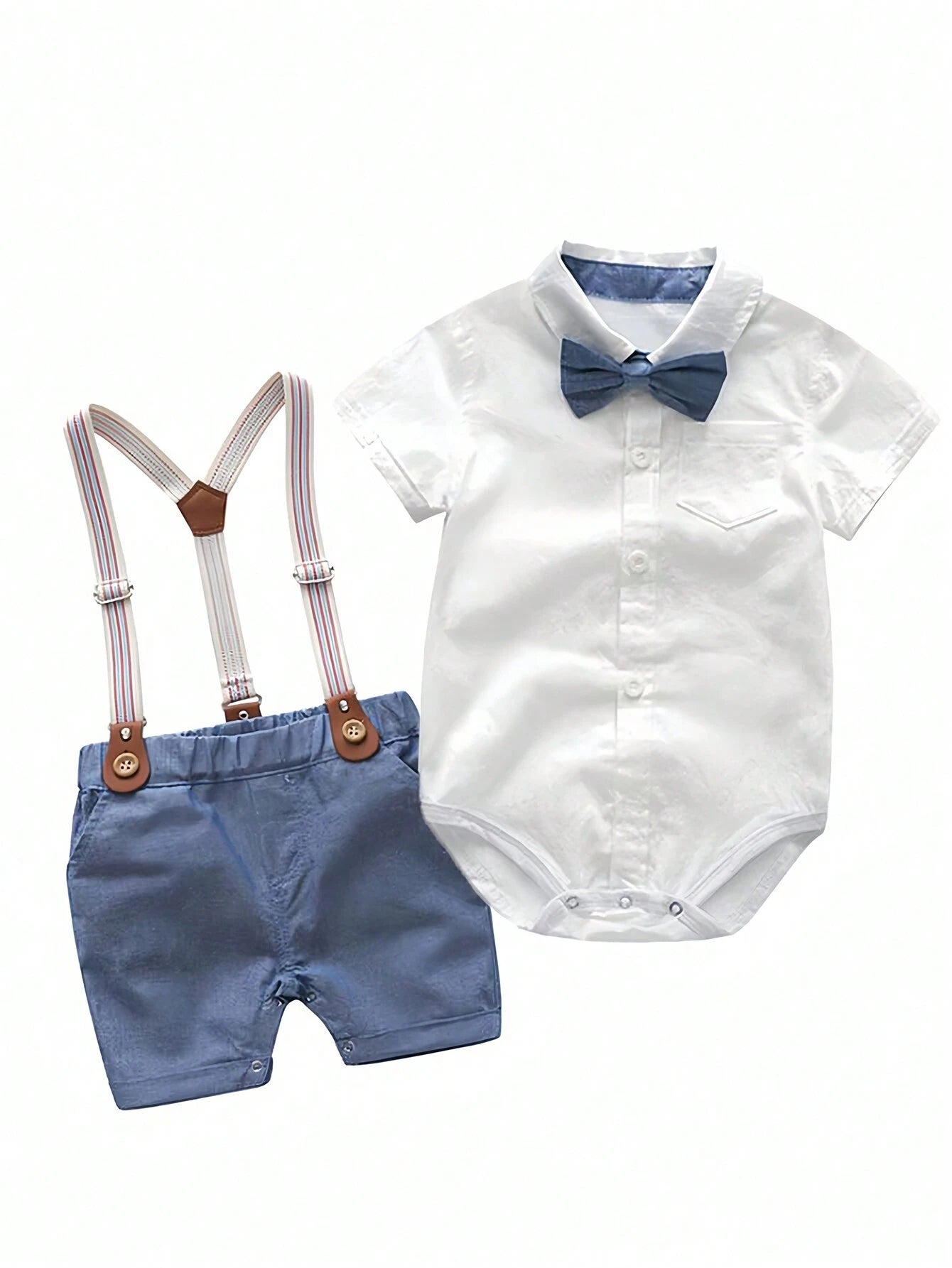 Baby Boys Collar Bodysuit Suspender Shorts Set - Ivory