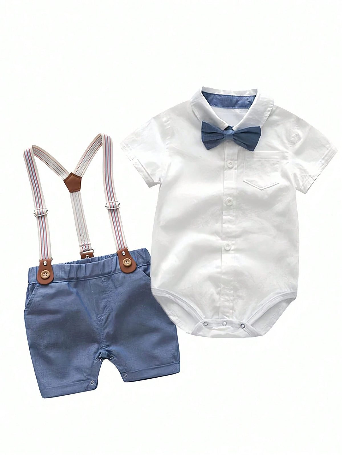 Baby Boys Collar Bodysuit Suspender Shorts Set - Ivory