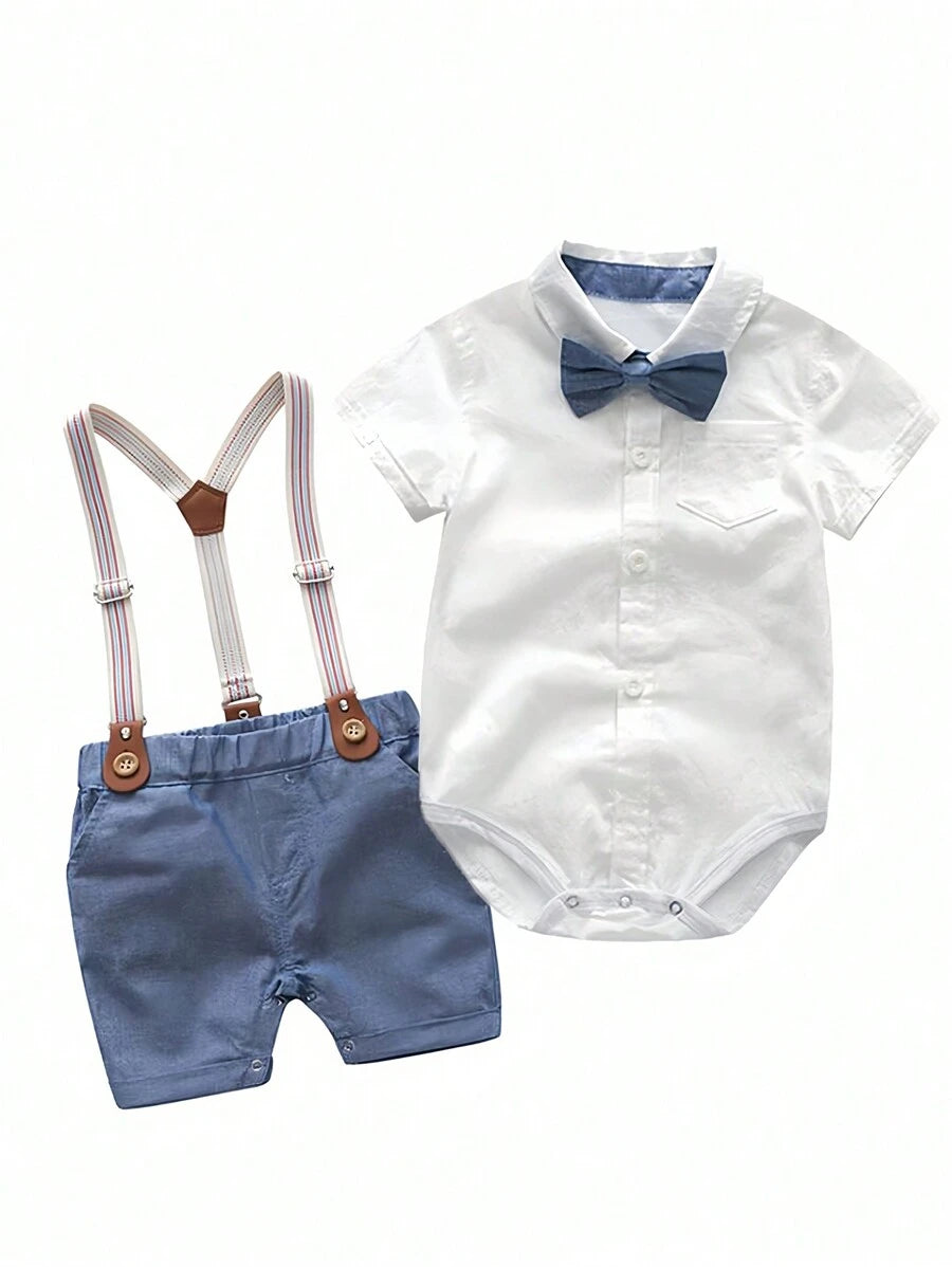 Baby Boys Collar Bodysuit Suspender Shorts Set - Ivory