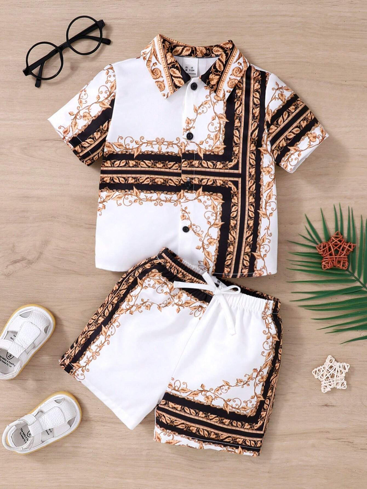 Boys Baroque Chain Print Resort Shirt & Shorts Set - Ivory