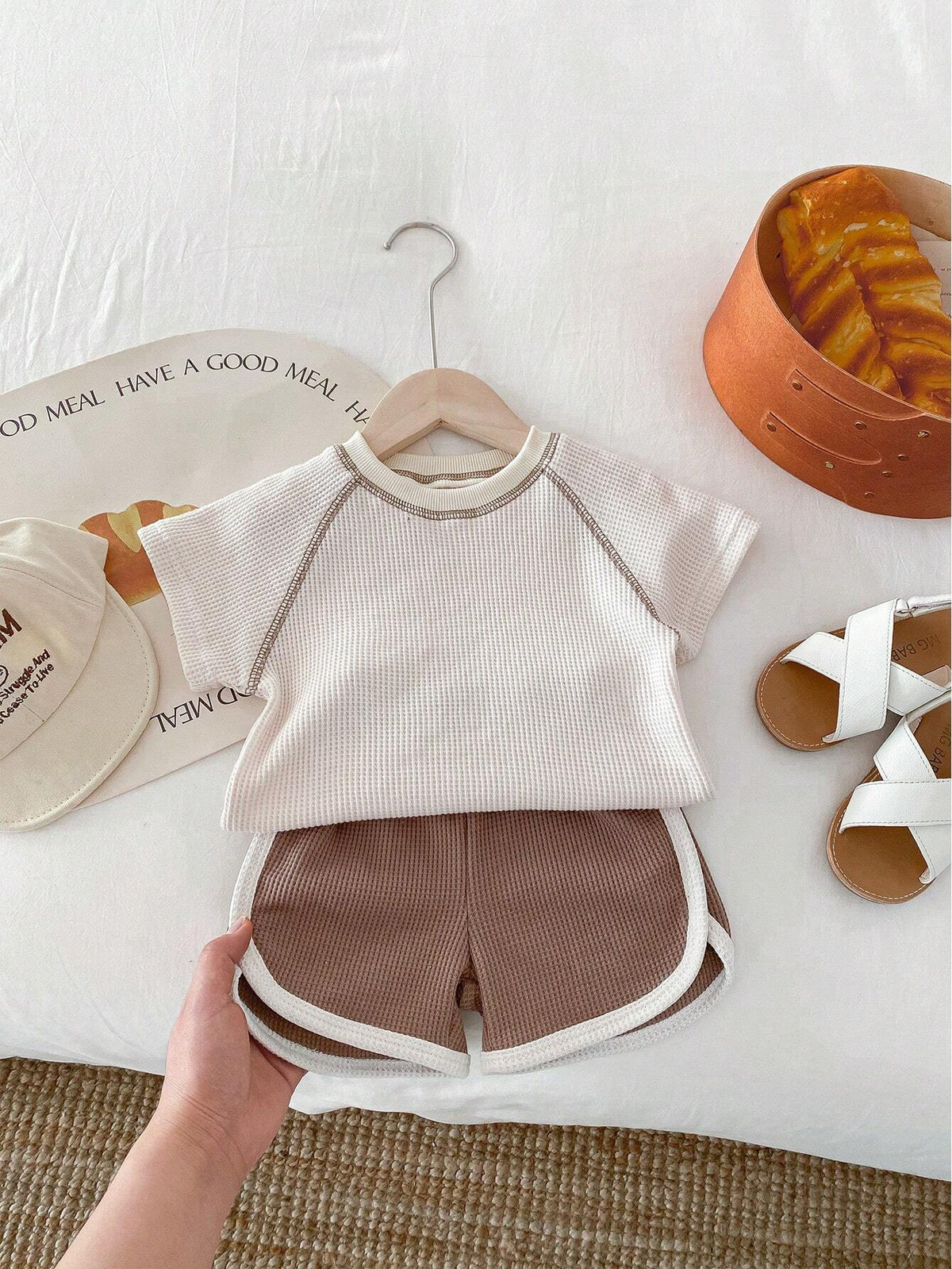 Baby Boys Waffle Knit Raglan Tee & Shorts Set - Ivory