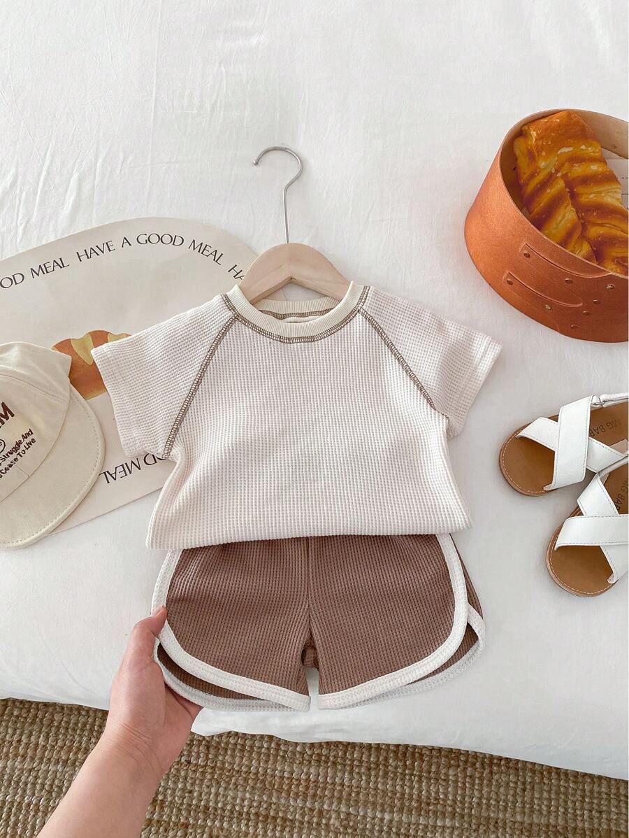 Baby Boys Waffle Knit Raglan Tee & Shorts Set - Ivory