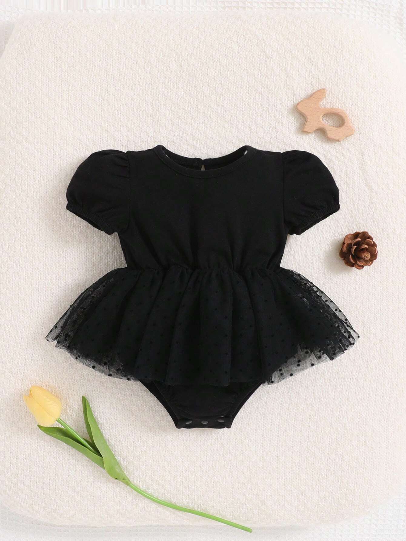 Baby Girls Puff Sleeve Tutu Mesh Bodysuit - Onyx | 21 Century Kids