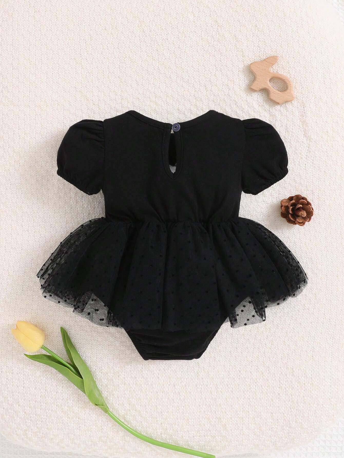 Baby Girls Puff Sleeve Tutu Mesh Bodysuit - Onyx | 21 Century Kids