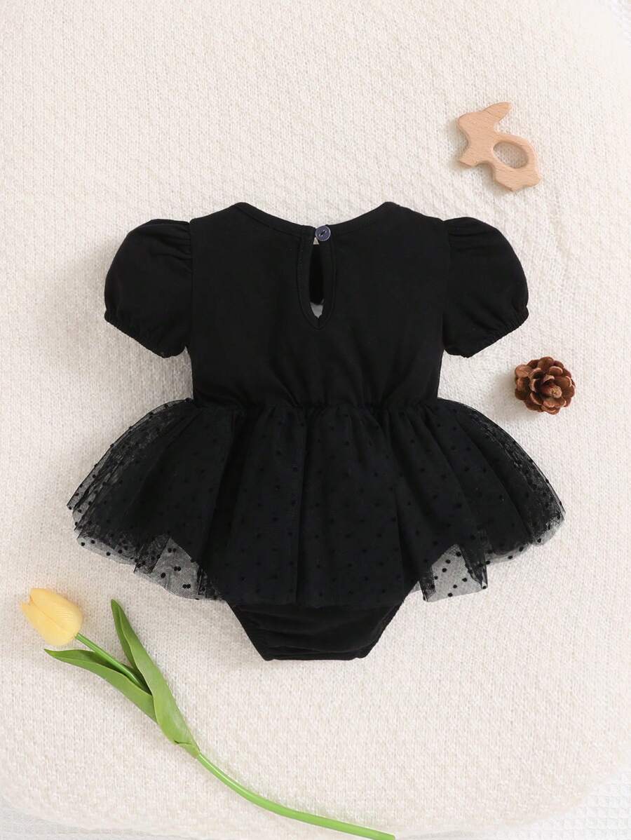 Baby Girls Puff Sleeve Tutu Mesh Bodysuit - Onyx | 21 Century Kids