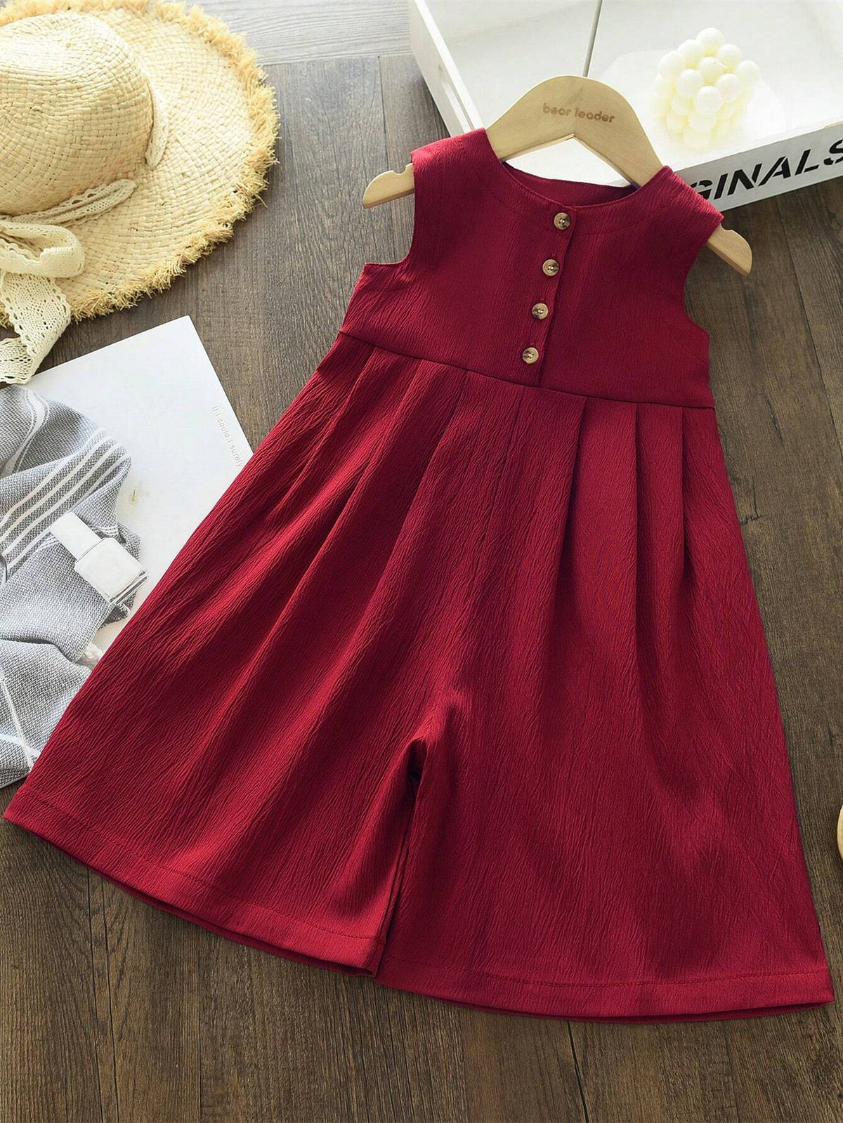 Girls Textured Button-Front Wide-Leg Sleeveless Jumpsuit - Crimson
