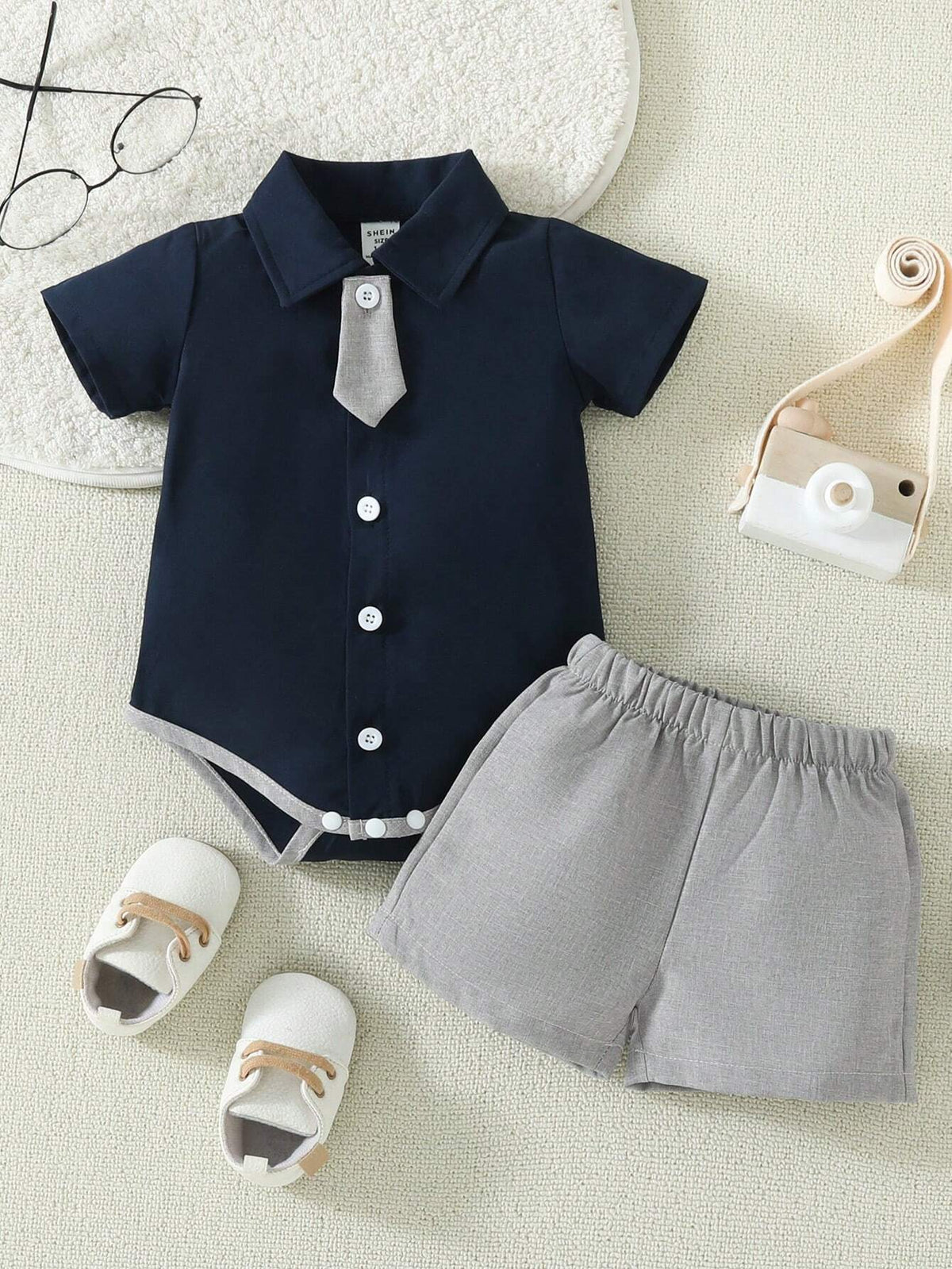2pcs Boys Shirt-Collar Bodysuit & Shorts Set - Midnight | 21 Centur...