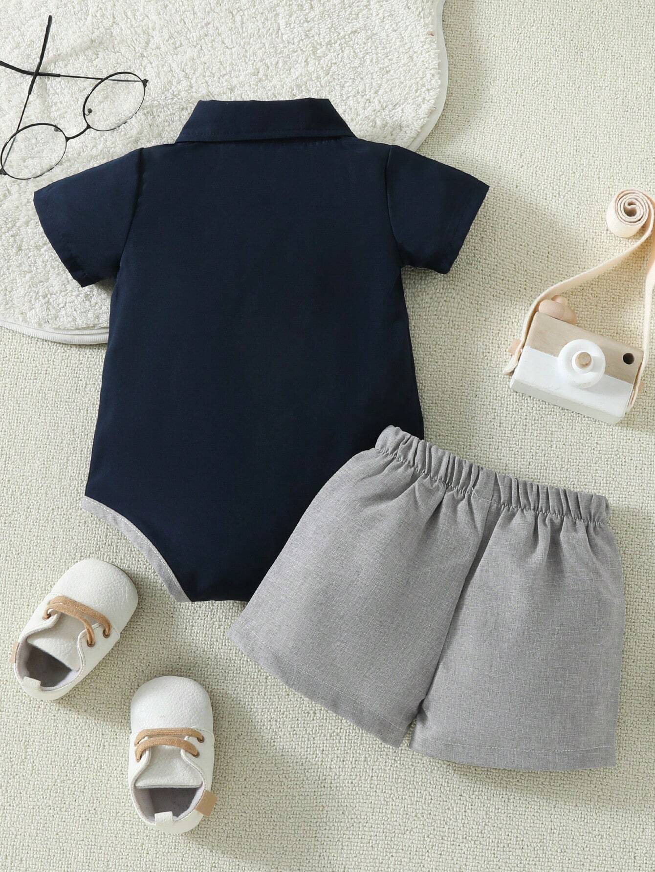2pcs Boys Shirt-Collar Bodysuit & Shorts Set - Midnight | 21 Centur...
