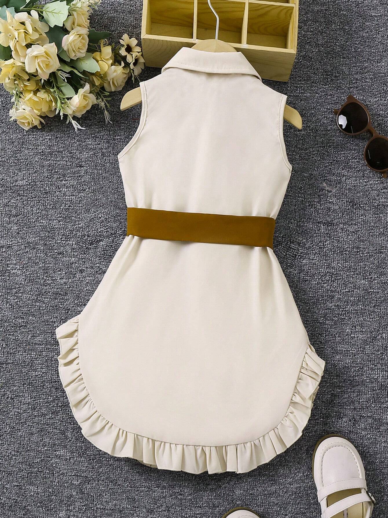 Girls Belted Shirt Dress Ruffle Hem Button Front - Ecru | 21 Centur...