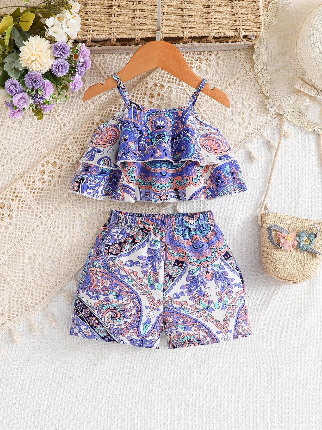 2pcs Girls Paisley Print Ruffle Cami Top & Shorts Set - Periwinkle ...